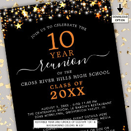 Invitación Clase Reunión Naranja Negro Estrellas luces de cua