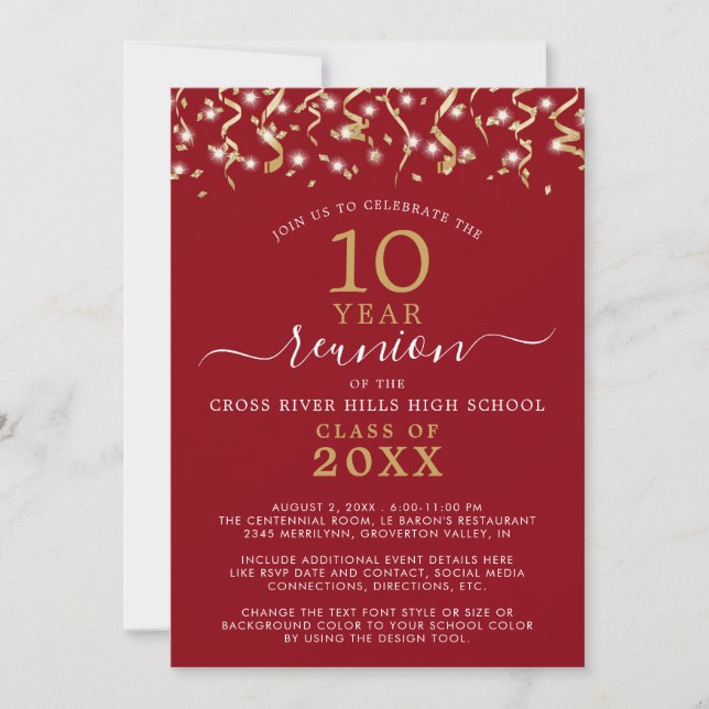Invitación Clase Reunión Red Gold Confetti Streamers (Anverso)