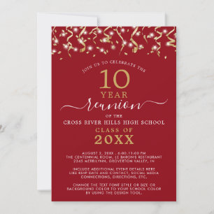 Invitación Clase Reunión Red Gold Confetti Streamers