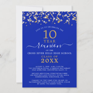 Invitación Clase Reunión Royal Blue Gold Confetti Streamers
