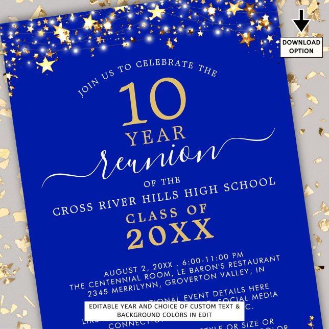 Invitación Clase Reunión Royal Blue Gold Star ilumina cualqui (Subido por el creador)