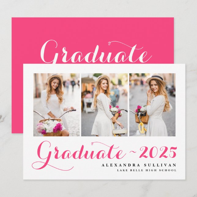 Invitación Clase rosa caliente de graduación de Collage de fo (Anverso / Reverso)