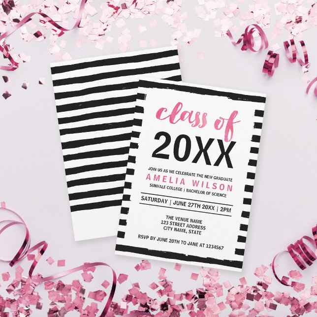 Invitación Clase rosa de franjas negras del partido de gradua (Subido por el creador)