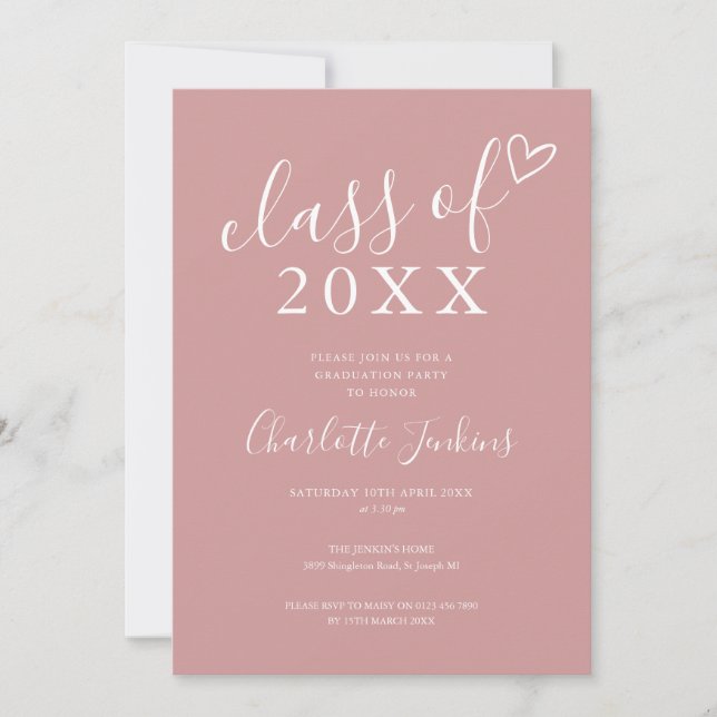 Invitación Clase Rosa Polvoriento de Corazón de Guión Fiesta  (Anverso)