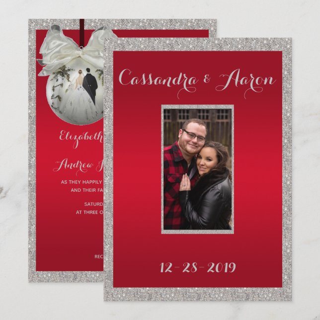 Invitación Clase Ruby Rojo & Brillante Bauble Boda de Navidad (Anverso / Reverso)