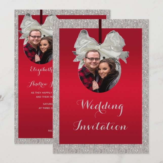 Invitación Clase Ruby Rojo y Brillante Bauble Boda de Navidad (Anverso / Reverso)