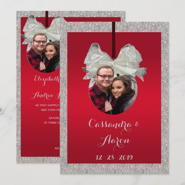 Invitación Clase Ruby Rojo y Brillante Bauble Boda de Navidad (Anverso / Reverso)