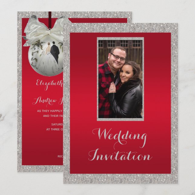 Invitación Clase Ruby Rojo y Brillante Bauble Boda de Navidad (Anverso / Reverso)