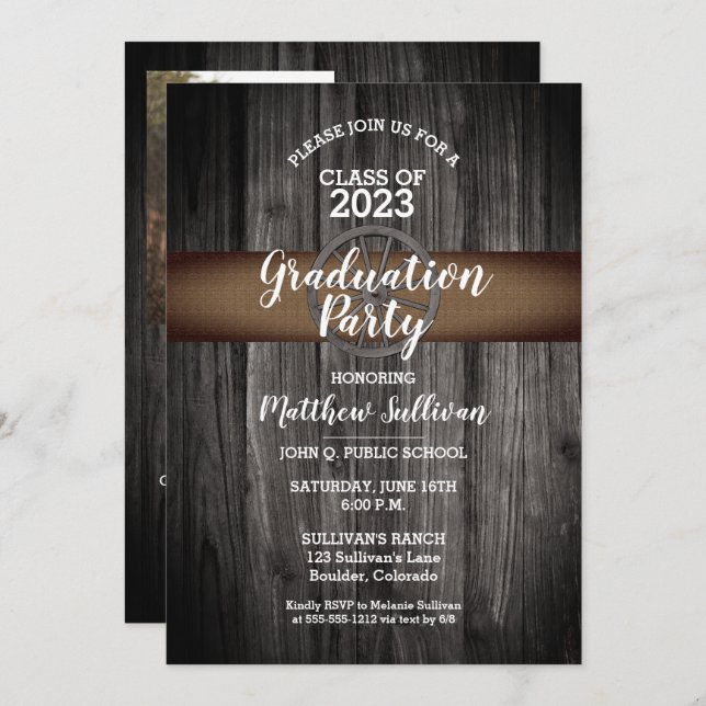 Invitación Clase Rustic Wagon Wheel de la fiesta de graduació (Anverso / Reverso)