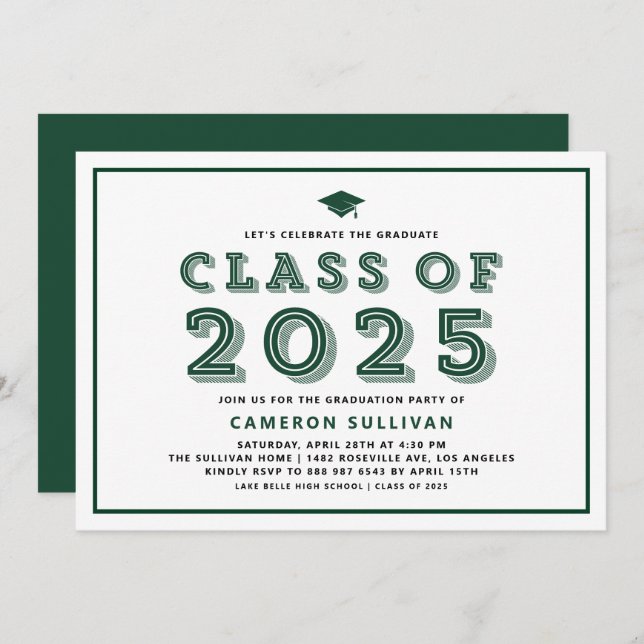 Invitación Clase Verde de Graduación de Cap Retro de 2025 (Anverso / Reverso)