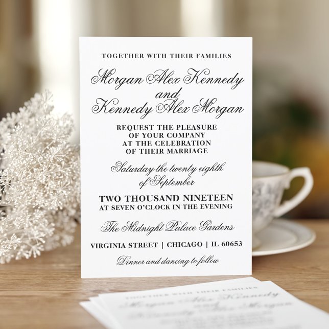 Invitación clásica a la boda blanca y negra (A classic wedding invitation waiting for you to add your wedding celebration details. )
