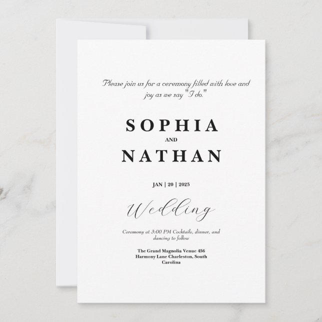 Invitación clásica a la boda blanca y negra (Anverso)