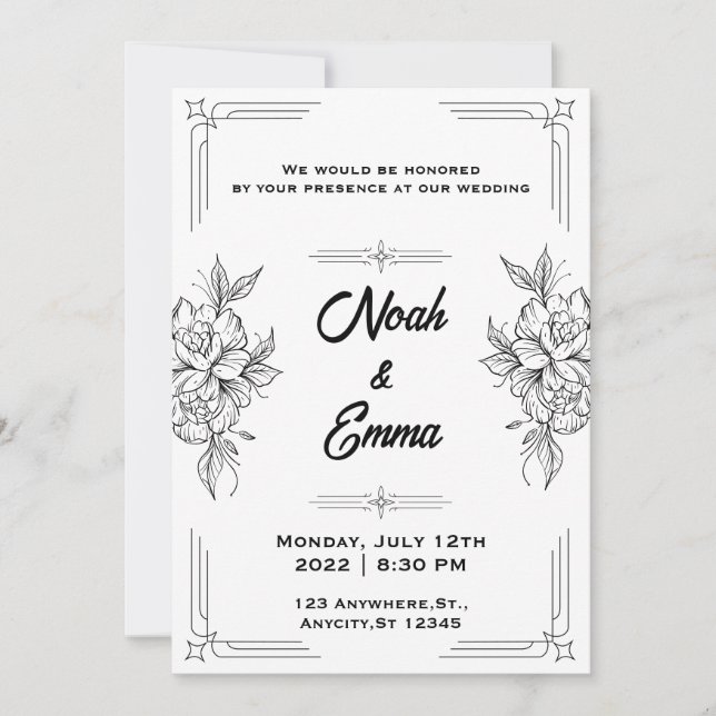 Invitación clásica a la boda en blanco y negro (Anverso)