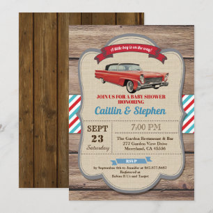 Invitación clásica a la ducha de bebé de un coche.