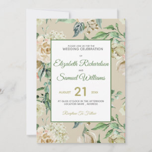 Invitación Clásica Acuarela de Hortensia y Rosa Crema en Capu