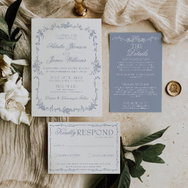 Invitación Clásica Azul Polvoriento Floral Boho Botánica Boda