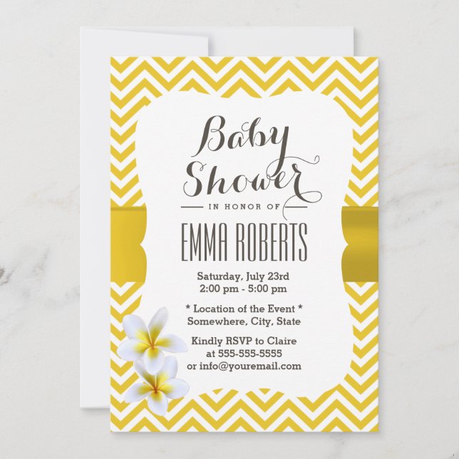 Invitación Clásica Baby Shower de Chevron Plumeria Amarilla (Anverso)