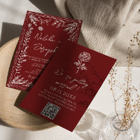 Clásica Boda de Código QR Floral Azul Rojo Profund