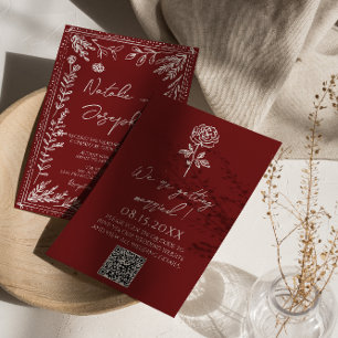 Invitación Clásica Boda de Código QR Floral Azul Rojo Profund