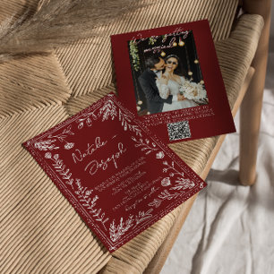 Invitación Clásica Boda de Foto con Código QR Floral Azul Roj
