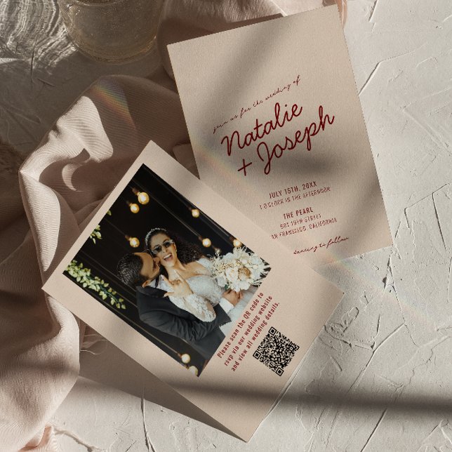 Invitación Clásica Boda de Foto con Código QR Rojo Profundo C (Subido por el creador)