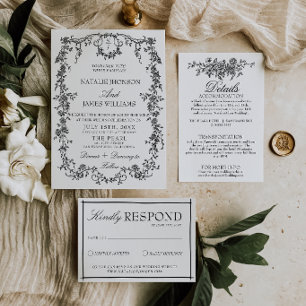 Invitación Clásica Boda de Jardín con Monograma en Blanco y N