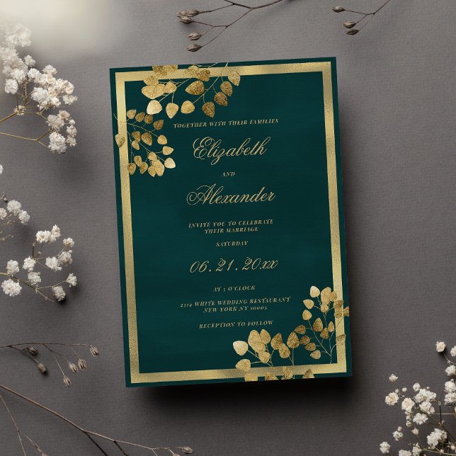 Invitación Clásica boda elegante de eucalipto de oro verde os (Classic dark green gold eucalyptus elegant wedding)