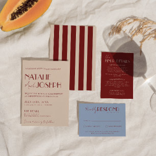 Invitación Clásica Boda Moderna Azul Rojo Profundo Caprichosa