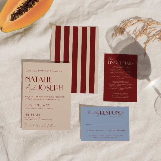 Invitación Clásica Boda Moderna Azul Rojo Profundo Caprichosa (Subido por el creador)