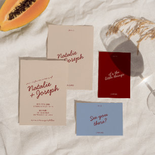 Invitación Clásica Boda Única Azul Rojo Profundo Caprichosa