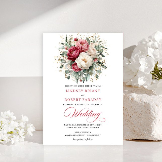 Invitación Clásica Boho de Carmesí Rojo Rubor Verd (Classic Boho Crimson Red Blush Greenery Invitation)