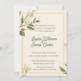 Invitación Clásica Botanica Verde Marfil Boda Personalizada