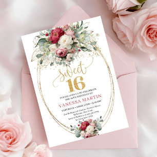 Invitación Clásica Burgundy Blanca Floral Dulce 16
