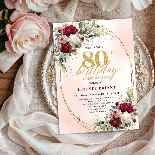 Invitación Clásica Burgundy Boho Floral para 80 Cu (Classic Burgundy Boho Floral 80th Birthday Invite)