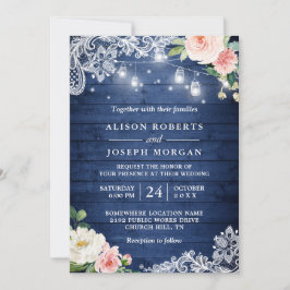 Invitación Clásica Cadena Azul Ilumina Boda Rústico Floral