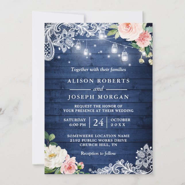 Invitación Clásica Cadena Azul Ilumina Boda Rústico Floral (Anverso)