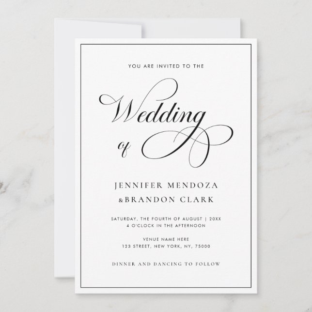 Invitación Clásica caligrafía blanco negro todo en un Boda (Anverso)