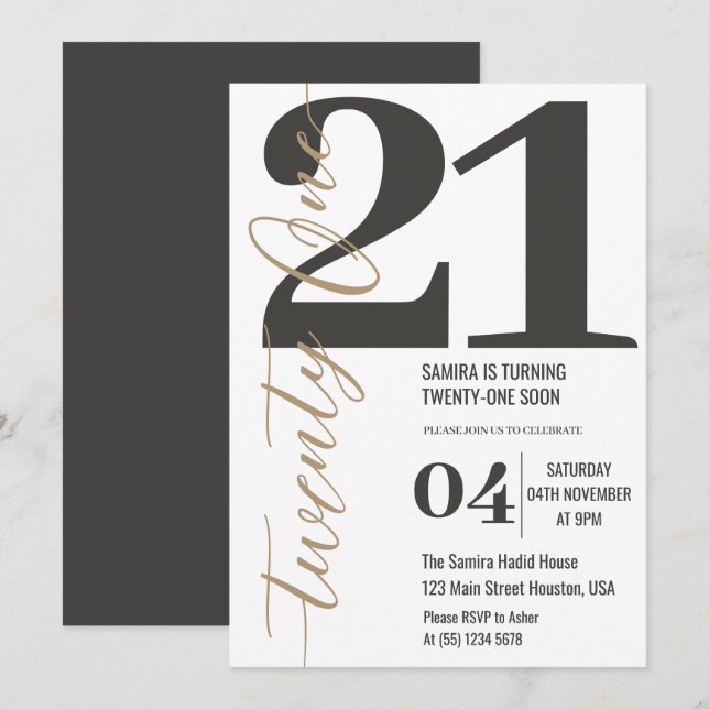 Invitación Clásica caligrafía Minimalista 21º cumpleaños (Anverso / Reverso)