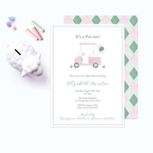 Invitación Clásica Carro De Golf Rosa Y Verde Ducha Bebé (It's a baby shower par-tee! Pink and Green golf cart baby shower invitation to welcome a little girl)