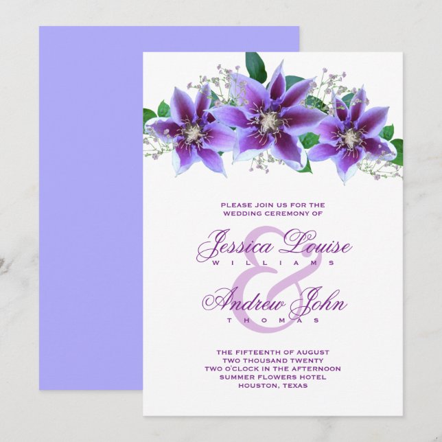 Invitación Clásica Ceremonia de Boda con Clemátide Chic (Anverso / Reverso)