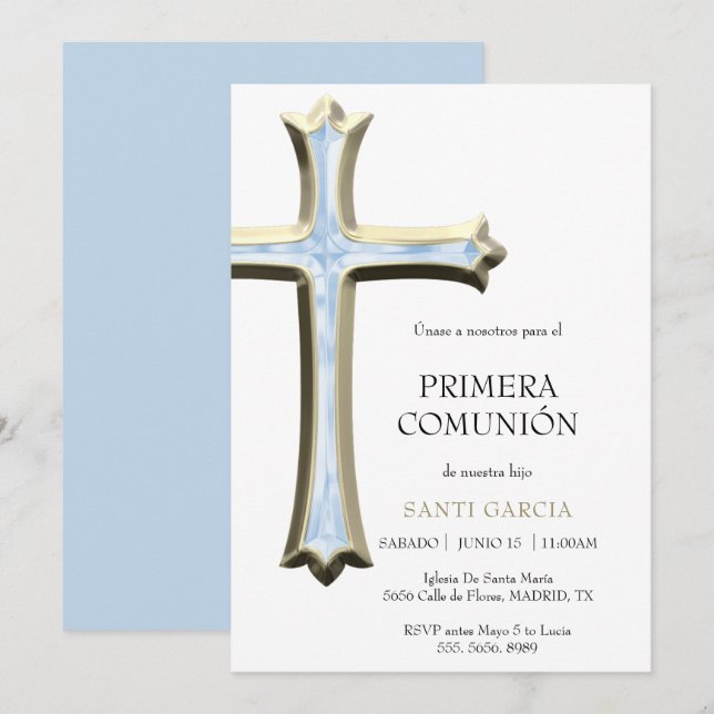 Invitación Clásica Comunión Gold & Blue Cross (Anverso / Reverso)