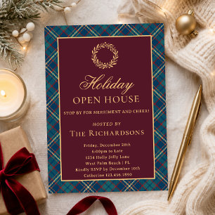 Invitación Clásica Corona de Burgundy Cuadrillé Navidad Casa