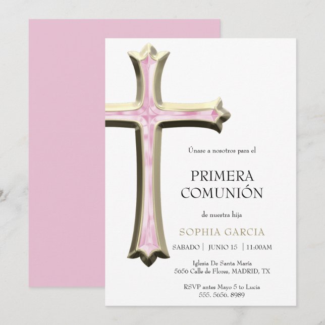 Invitación Clásica Cruz Dorada y Rosa Comunión (Anverso / Reverso)