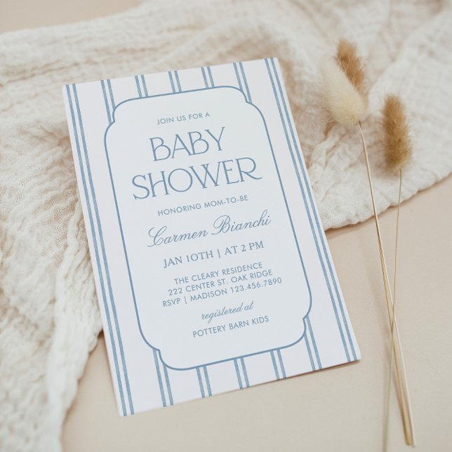 Invitación clásica de baby shower a rayas azules (Subido por el creador)