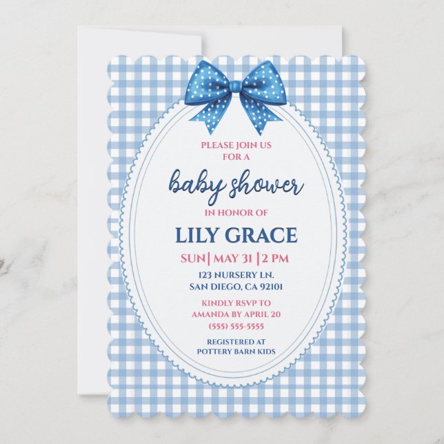 Invitación clásica de baby shower con gingham y la (Anverso)