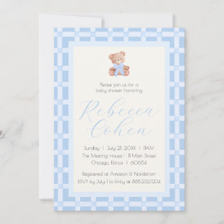 Invitación Clásica de Baby Shower de Oso a Cuadros
