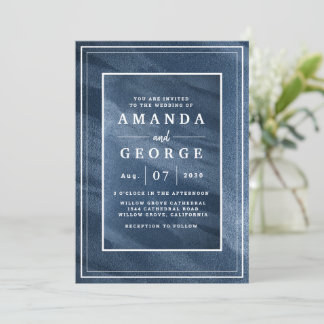 Invitación clásica de boda con textura azul