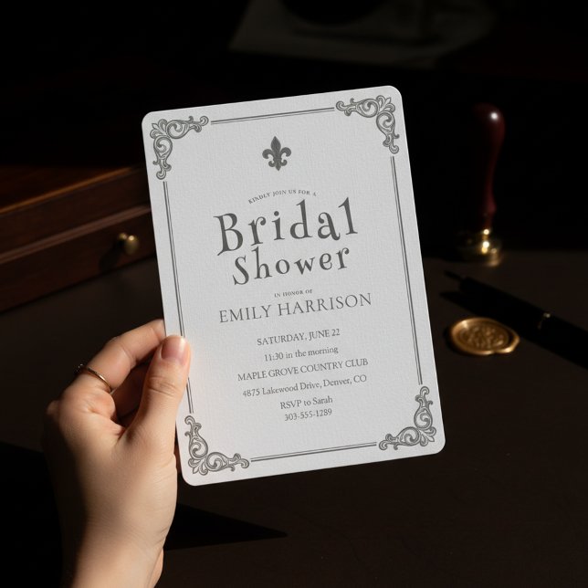Invitación Clásica de Boda de Negro y Blanco (Elegant black and white bridal shower invitation featuring timeless serif typography and classic)