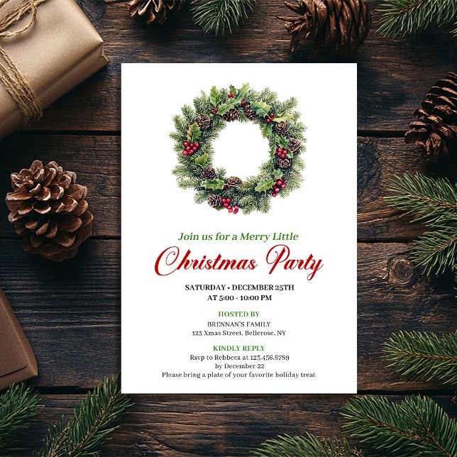 Invitación clásica de corona de Navidad en acuarel (Classic Watercolor Christmas Wreath Invitation)