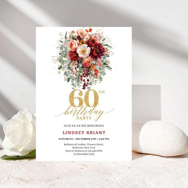 Invitación clásica de cumpleaños 60 de oro rojo pr (Classic Deep Red Gold Autumn 60th Birthday Invite

)
